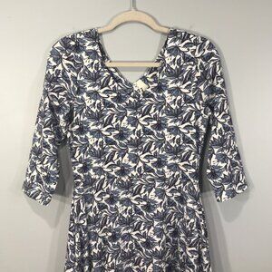 PACT Dress Women Medium Blue White Floral Fit & Flare Midi Pocket Organic Cotton